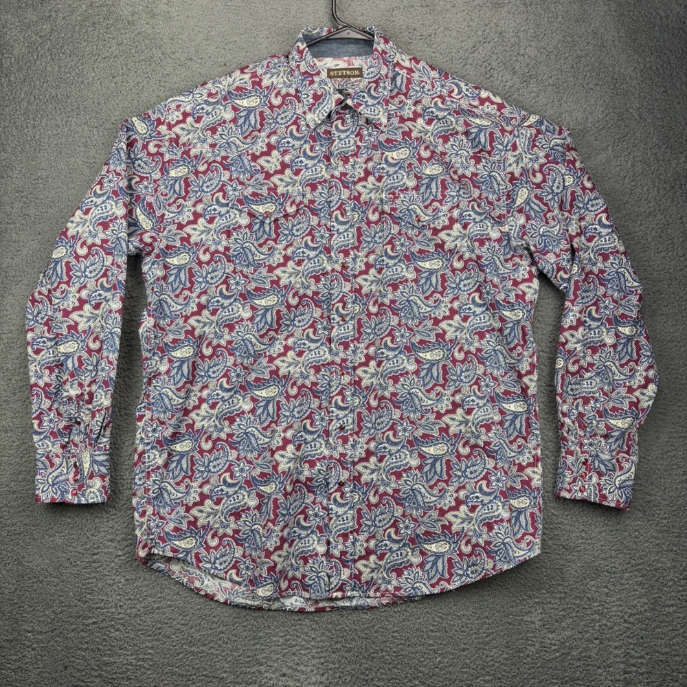 Stetson‎ Mens Paisley Western Button Down Shirt Maroon Blue Long Sleeve Large
